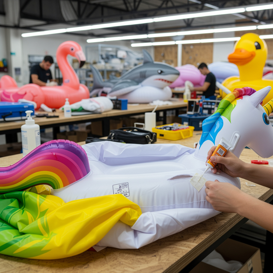 A graphic of tools and a mending patch for float repair.